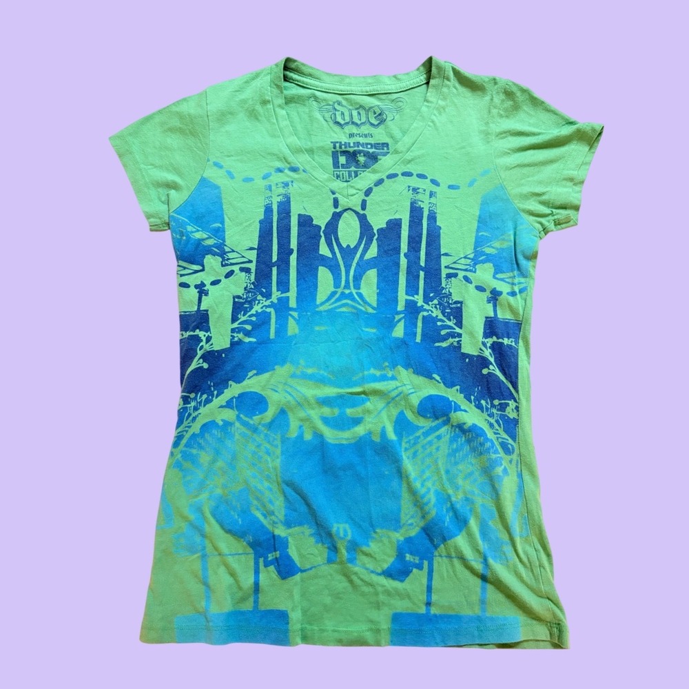 Y2K Mighty Fine Graphic Tee Green Blue V-Neck Streetwear Scene #17